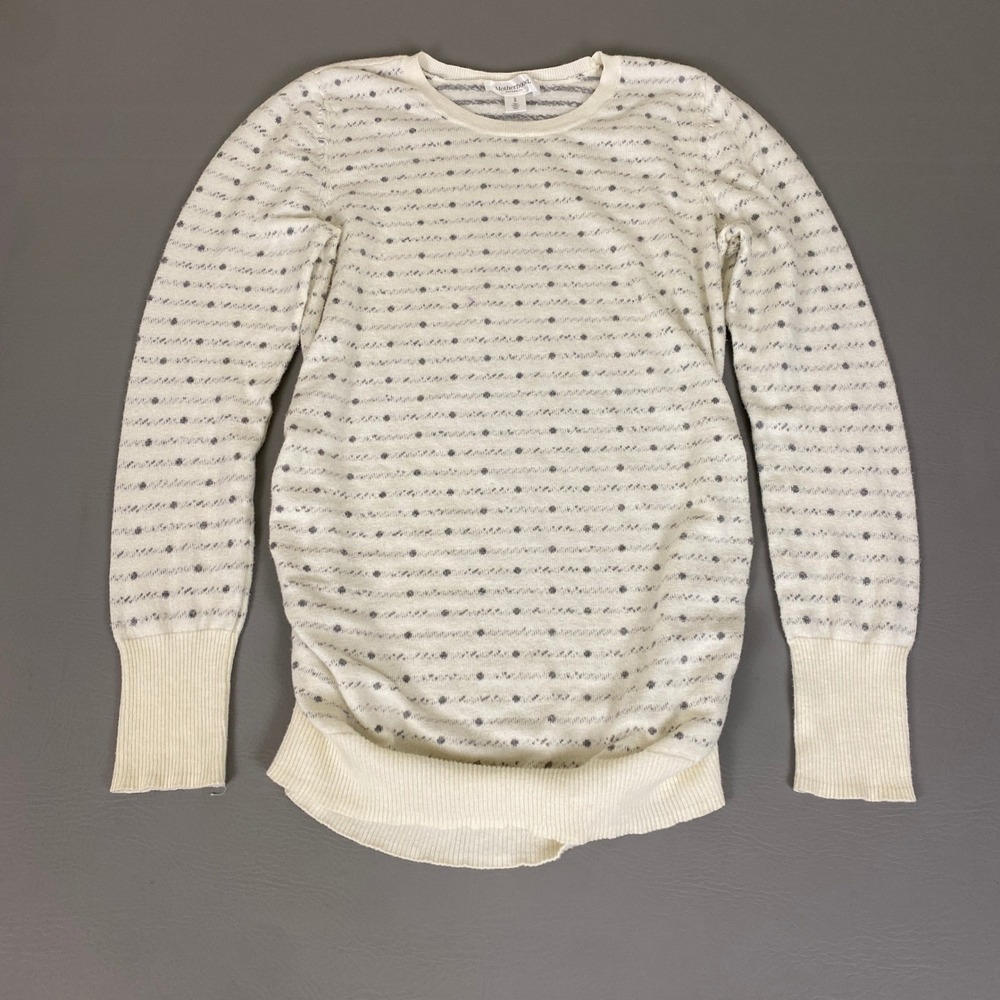 Motherhood Maternity Sweater Large Ivory Gray Polka Dot Ruched Side Crew Neck